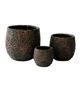 17.7", 12.6" and 9"W Round Brown and Golden Fiberstone/Cement Indoor Outdoor Planters (Set of 3)
