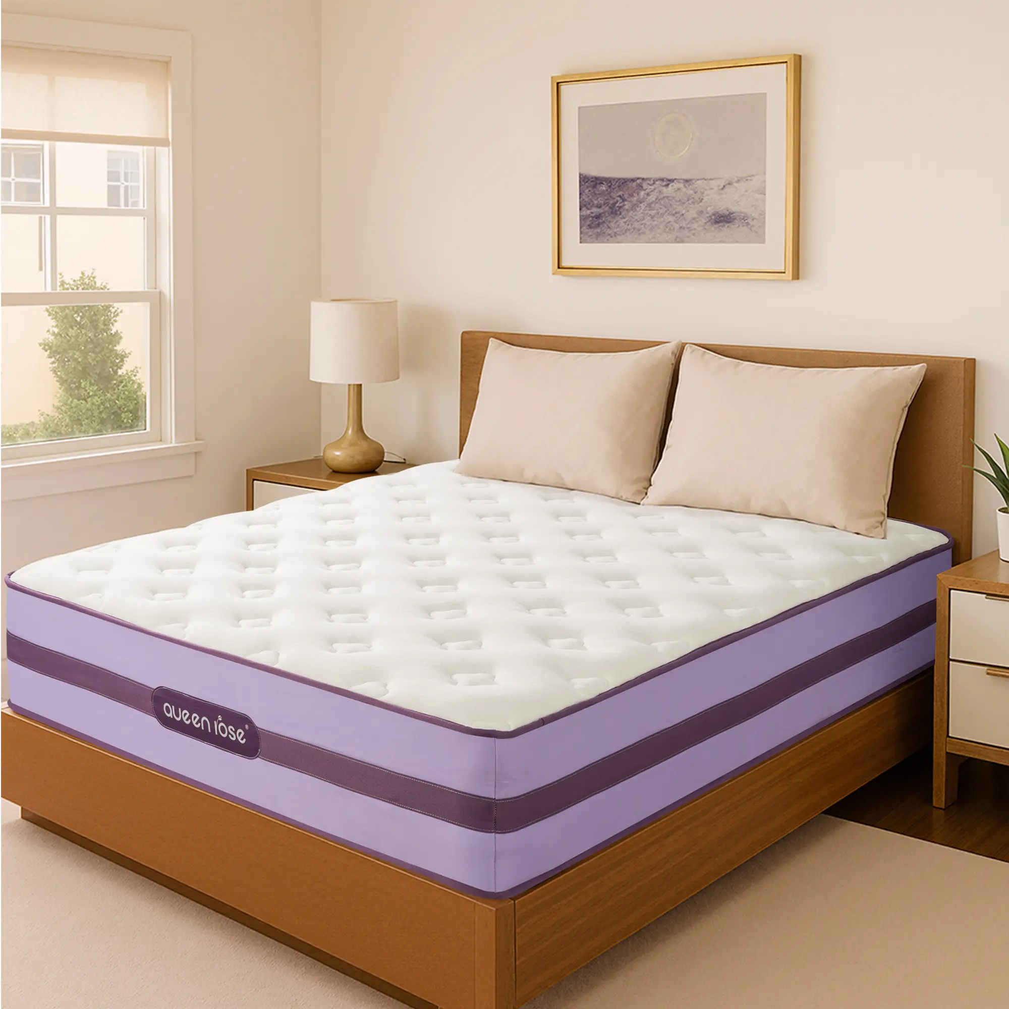 Queen Rose 12"14" Premium Twin Full Queen King size Boxed gel memory foam Hybrid Mattress Pocket Coil Medium Firm Soft Comfortable Sweet Night sleep Hybrid Bed Modern Mattress, metal support, glam furniture,Purple bed, Queen Size Mattresses