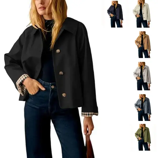 Womens Cropped Trench Coat Classic Collar Oversized Casual Jackets with Checkered Lining SummerVibes