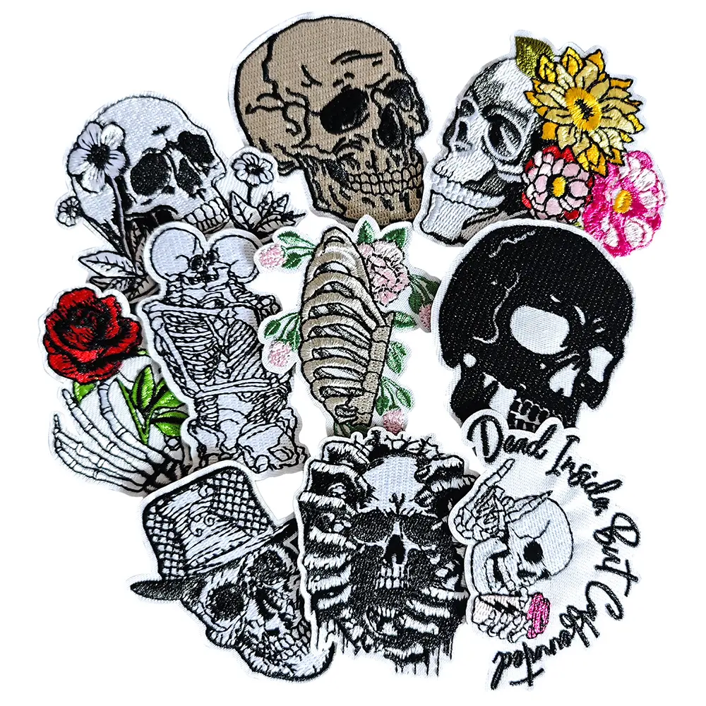 Gothic Punk Beach Scene Iron-On Skeleton Decal Patches, 10-Piece Adhesive Patch Embroidery & Sets for DIY on Clothes, Jackets, Backpacks for Goth Enthusiasts