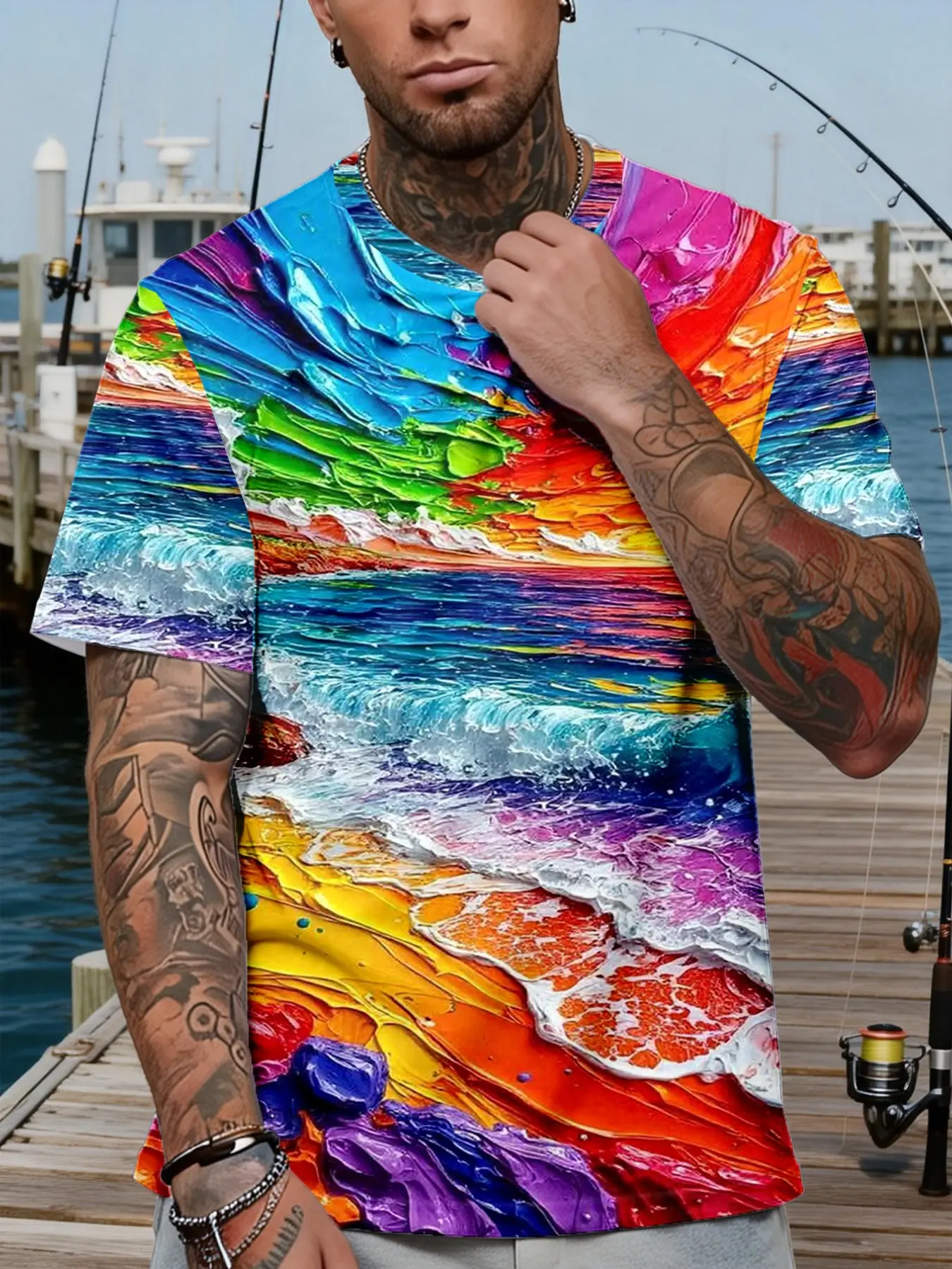 Men's Rainbow Ocean Graphic Print Short Sleeve T-Shirt, Casual Summer Fitted Top, Multicolor Gradient Design, Aesthetic Graphic Tee, Trendy Fashion Tee, Streetwear