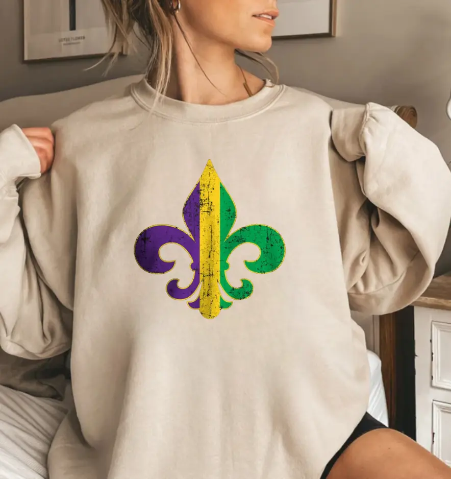Mardi Gras Fleur De Lis Sweatshirt Purple Green Gold, Fat Tuesday Festival Shirt, New Orleans Carnival Style, Unisex Cozy Crewneck Gift