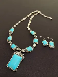 Western Turquoise Rectangle Pendant Necklace Set -57