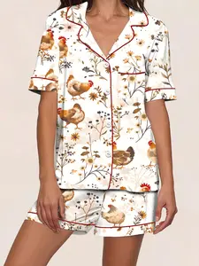 Spring Summer Women's Sleepwear Pajama Set, Open Front Lapel Short Sleeve Shorts Two-Piece, Cute Watercolor Hen & Wildflowers Print