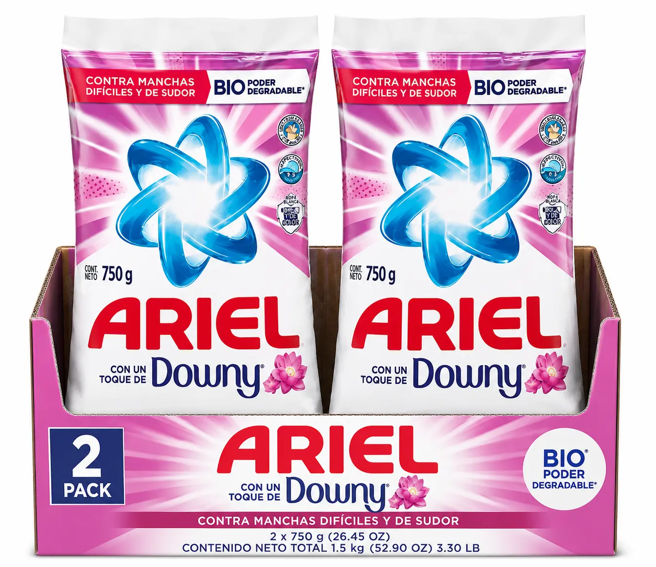 Ariel Powder Laundry Detergent with Downy, Bio Power Formula, Tough Stain & Sweat Removal, 750 g Bags, 2 Pack (Total 1.5 kg / 52.9 oz)