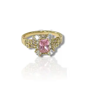 Gold Plated Pink Ring 14k with Center Stone and Decorative Band