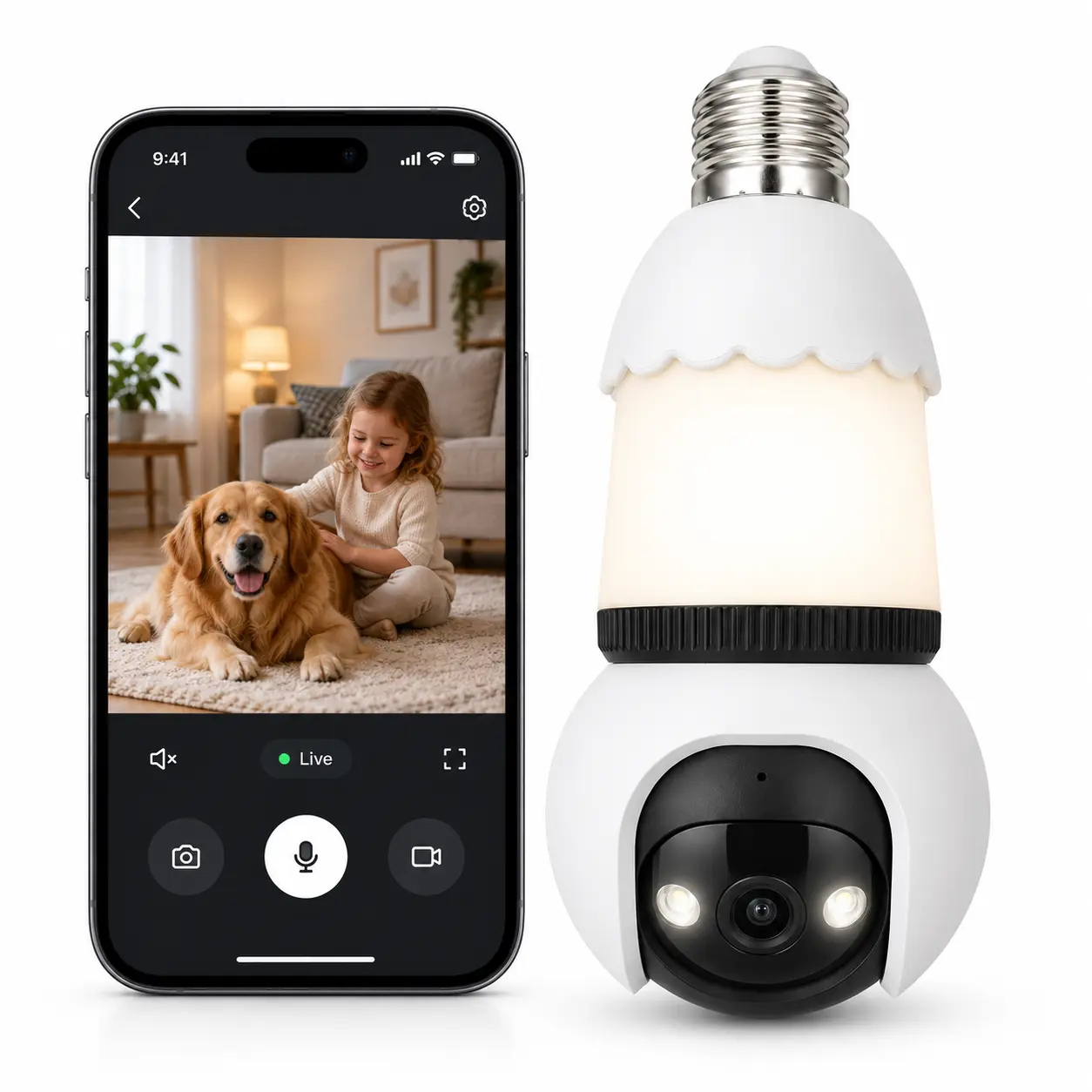LIANANVISIA Light Bulb Security Camera 2K 3MP, Dual-Band 2.4GHz/5GHz WiFi, E26/E27 Screw-In PTZ Camera, 355° Pan 90° Tilt, AI Human Detection, Auto Tracking, 3 Night Vision Modes, 2-Way Audio, 24/7 Recording, Smart Light