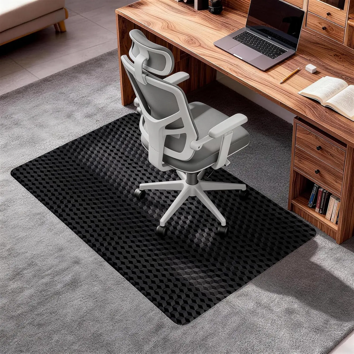 36"x48" Office Chair Mat for Low-Pile Carpets, 3D Geometric Textured Heavy-Duty Studded Carpet Protector, Waterproof Floor Mat for Home Office Gaming, Black