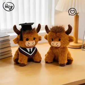 Kawaii Highland Cow Plush Toy, Soft Fluffy Stuffed Animal Doll, Cute Cow with Graduation Hat, Perfect Graduation Gift for Students