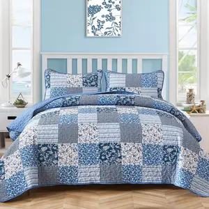 Blue Boho Quilt Set Queen Size,3 Pieces Plaid Floral Bedspread Coverlet Set for All Season,Patchwork Reversible Bedding Set Queen 90"x96"
