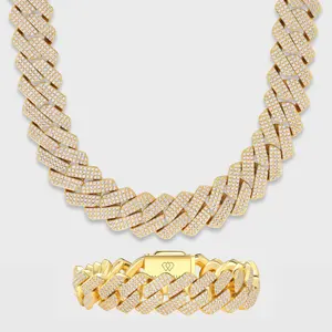 IMPERIUM JEWELRY 2-Piece CZ Diamonds Iced Prong Cuban Link Set - 14 Karat Gold Plated Real Gold Jewelry Chain + 20mm Bracelet, Bold Statement Piece, Perfect Fit