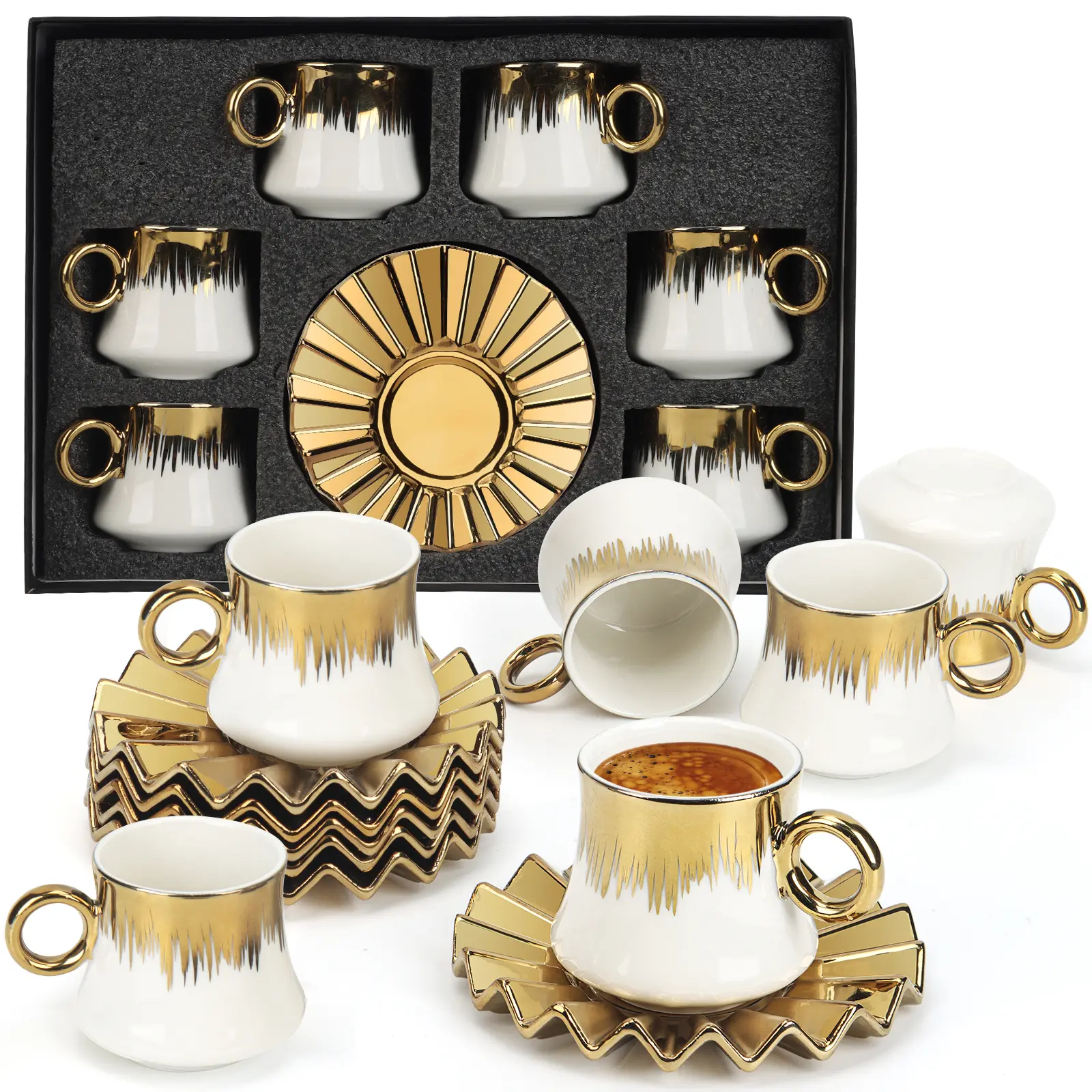 Golden Rims Ottoman-Style Ceramic Teacup Cup & Saucer Sets (6-Piece, 3.5oz/100ml) - White & Gold Design, Drip Accents, With Handles, Window Gift Box, Ideal for Turkish Coffee, Brunch Gatherings, Curved Handle