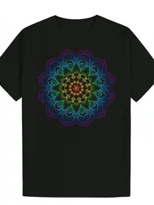 Men's Psychedelic Mandala T-Shirt - Black Multicolor (////Teal) Gradient - Soft Breathable Fabric Round Neck Short Sleeve - Boho-Chic Casual Summer Festival Wear - Modern Bohemian Multistatement Top for Men - Durable