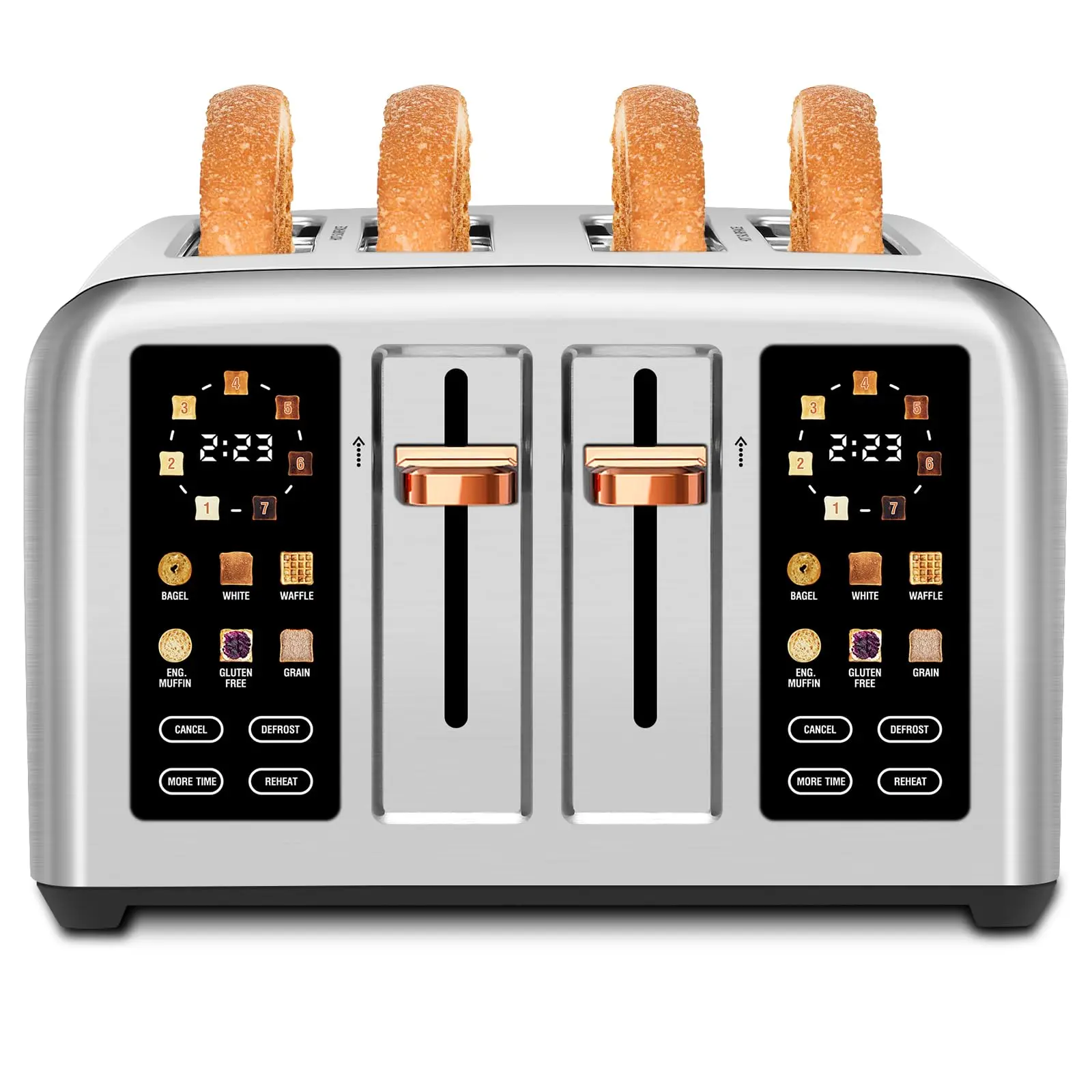 Toaster 4 Slice, Stainless Steel, Touch Screen for Dual Control, Digital Timer, Smart Toaster with 6 Bread Type, 7 Shade Setting, 1.5''Wide Slot, Removable Crumb Tray, 1800W, Silver Metallic bread selection silver metallic wide slot