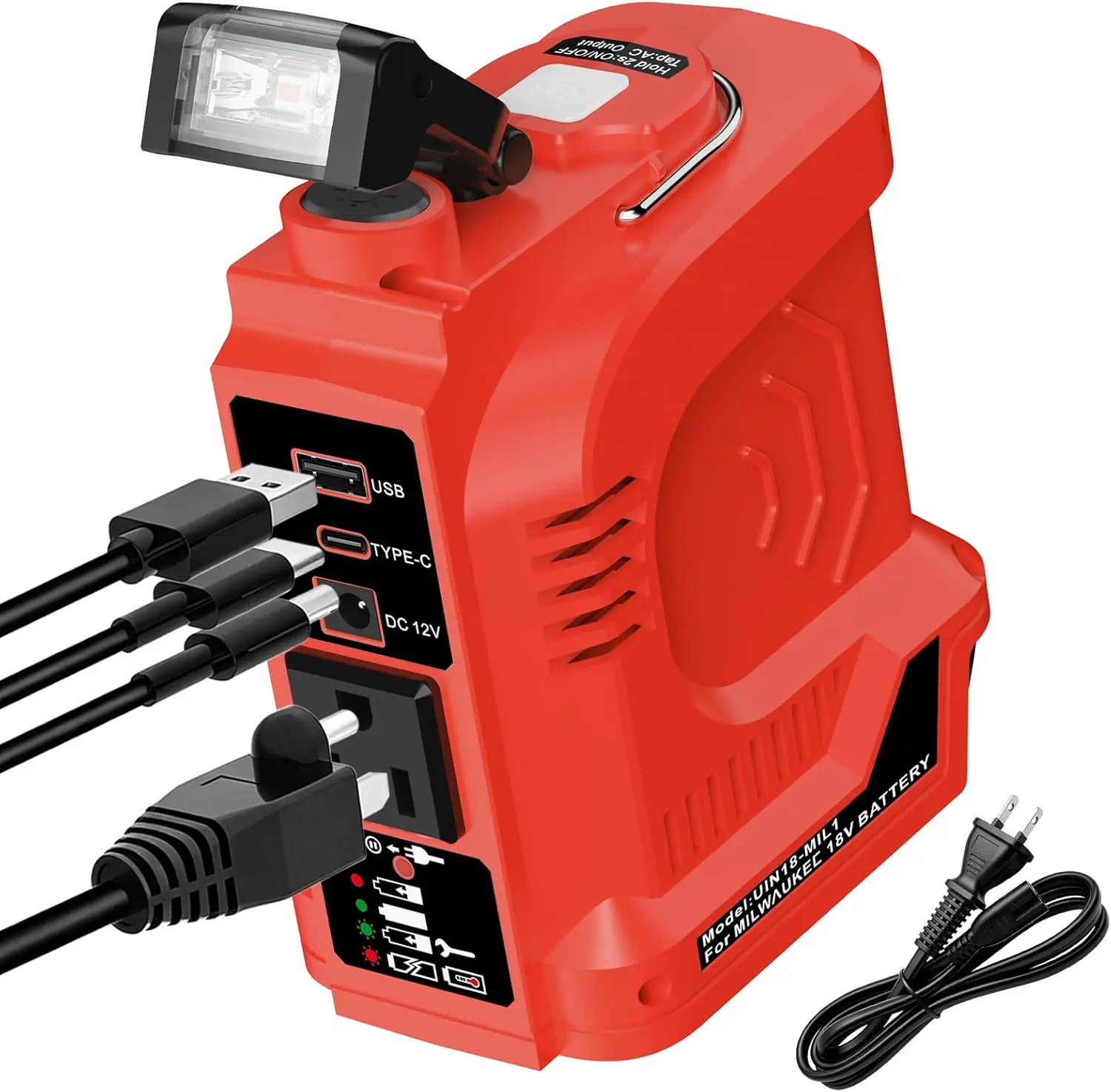 2-in-1 Power Inverter & Battery Charger for Milwaukee 18V Battery, 220W Portable Power Station with AC Outlet USB-C PD DC 12V & Foldable LED Work Light (Battery Not Included)