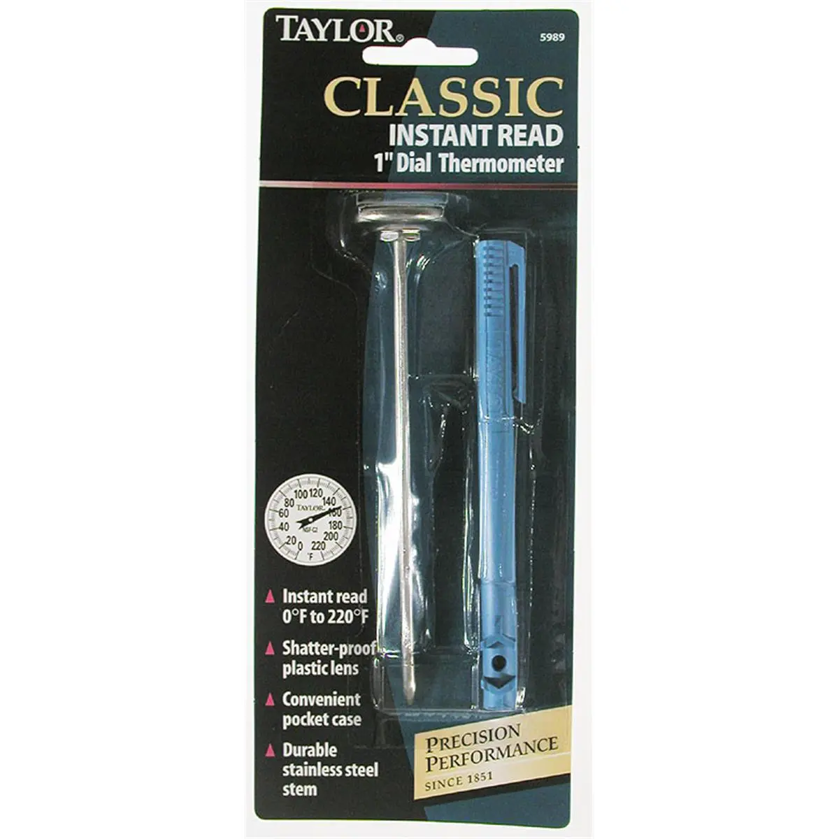Taylor Precision Classic Instant Read 1" Dial Meat Thermometer, 0°F to 220°F Shatterproof Kitchen Thermometer, Plastic-Steel Construction Kitchen Utensil, Model 5989