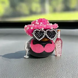 1pc Bling Black Rubber Duck Car Dashboard Ornament, Pink Cowboy Hat Duck with Sunglasses & Wine Accessories, Cute Car Interior Decor, Car Accessory, Car Desktop Decor for Women, Ideal Gift for Car Lovers, Decoration, Car Decorations