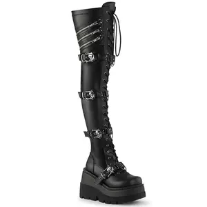 Demonia Shaker-420 Black Stretch Vegan Leather Over-the-knee Boots