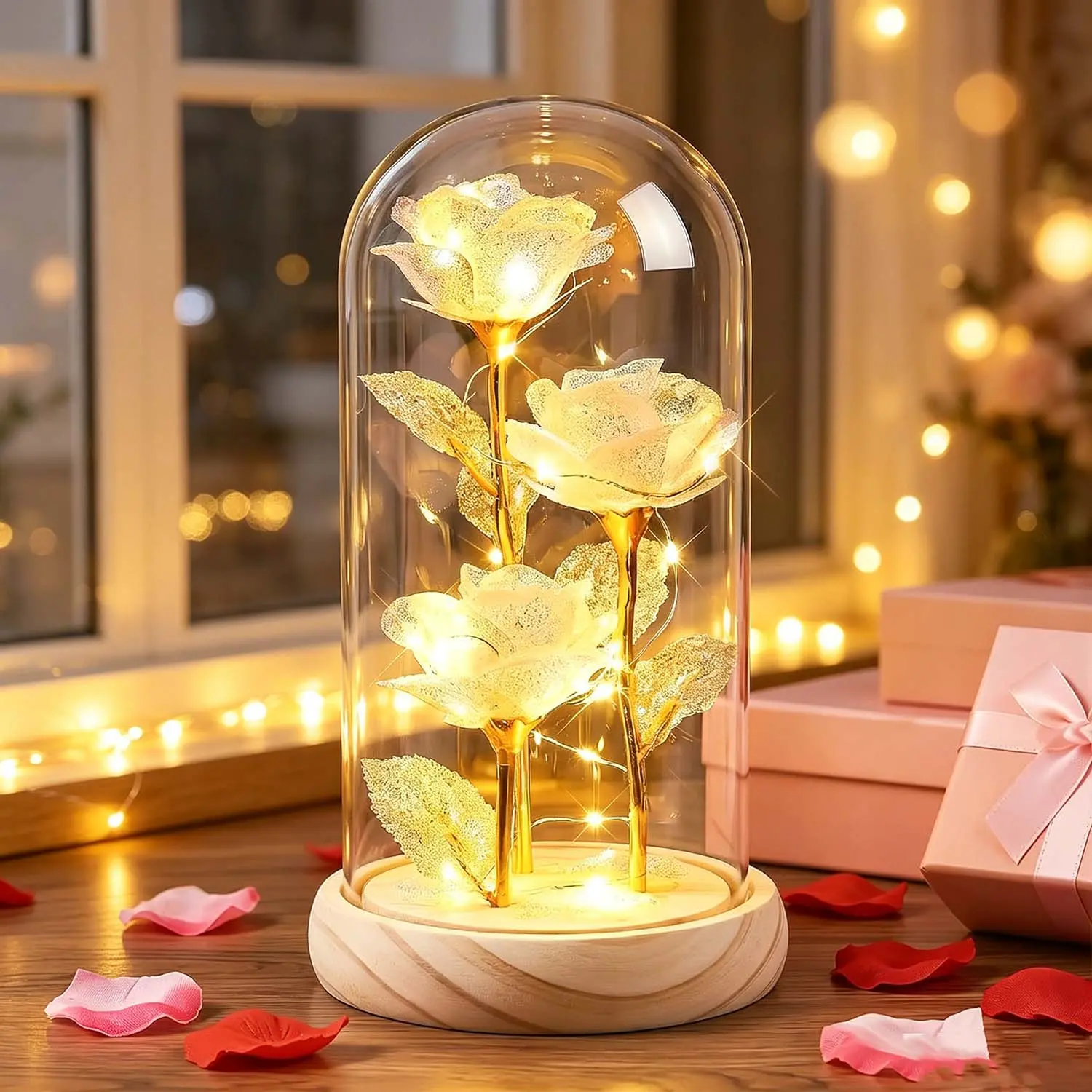 21.5cm Cordless Glass Wood Dome White Rose Night Light - LED Fairy Light with Wooden Base, Warm Glow Indoor Bedside Lamp, Aesthetic Home Decor, Gift Box-Included Birthday Anniversary Gift for Her