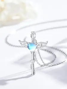 Women's Elegant Artificial Gemstone Decorated Cross Pendant Necklace, Exquisite Trendy Wing Design Pendant Necklace, Chic Jewelry As Gift for Girlfriend, Birthday Gift Jewelry, High End Necklace, Zircon Necklace, Cross necklaces