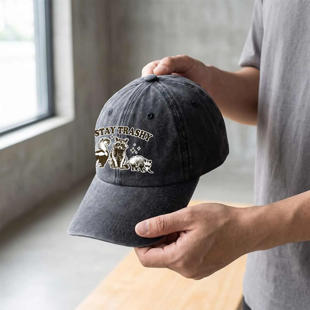 Stay Trashy Funny Raccoon Graphic Washed Baseball Cap - scs18335
