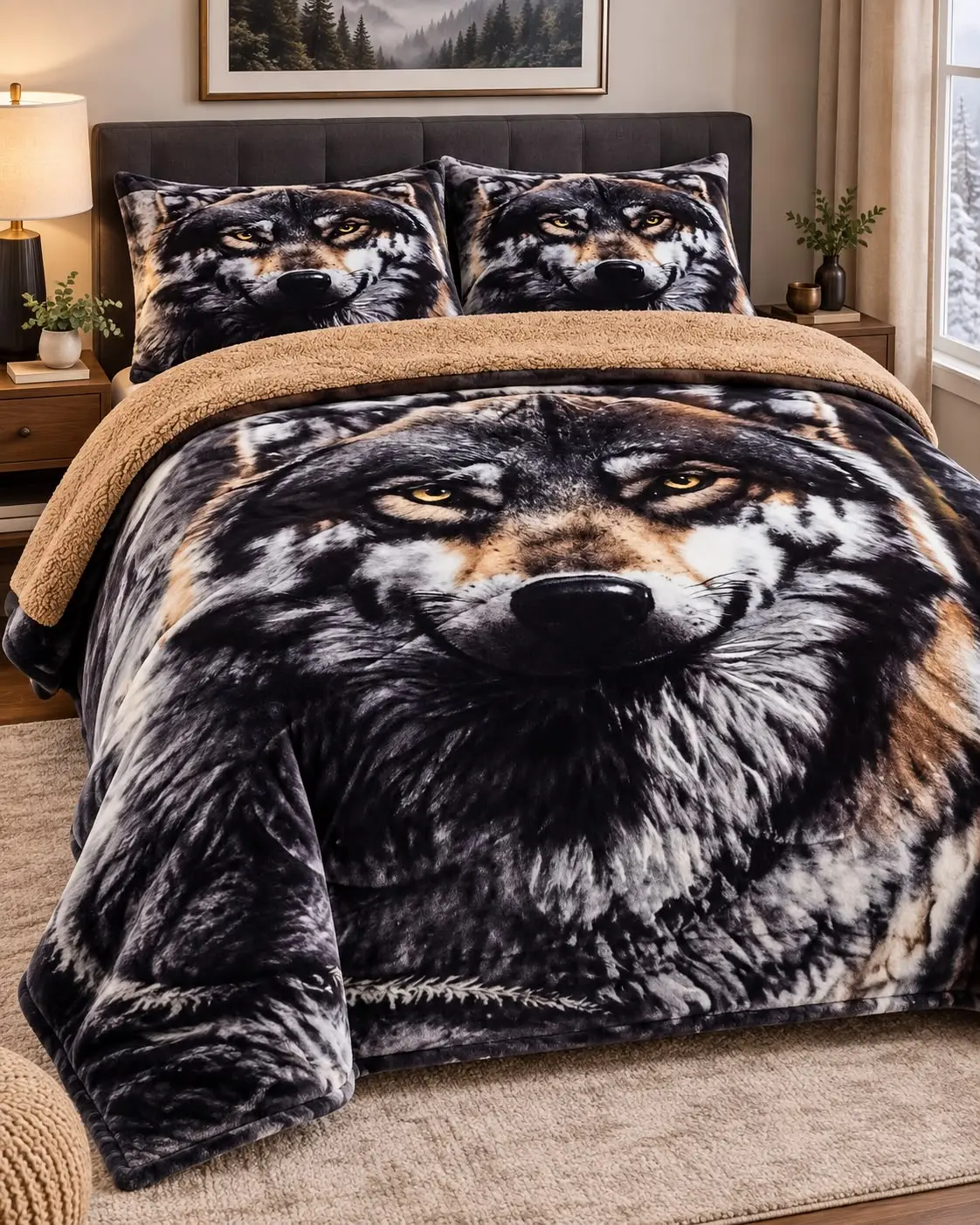 3pc sherpa Blanket set- DARK GREY WOLF  CALI KING FITS KING