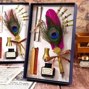 Vintage Feather Dip Pen Set with 5 Replacement Nibs, Ink, Metal Carved Pen Holder, Wax Seal Sticks, Envelopes, Pen Calligraphy, Ideal Writing Gift