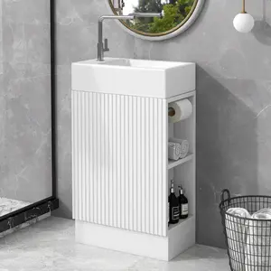Modern Freestanding Bathroom Vanity (18.6x10.6x33.2in) - MDF Board, Ceramic Single Sink, 80LBS Capacity, Compartmentalized Floor Cabinet, 2-Tier Shelf, Toilet Paper Holder, Left/Right Orientation, Assembly Required, Compartmentalized Floor Cabinets
