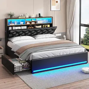 Sikaic Bed Frame with 3-Tier Storage Headboard, Upholstered LED Platform Bed with 4 Drawers & Charging Station, Metal Bed Frame with Hidden Storage, PU Leather, Black summervibes