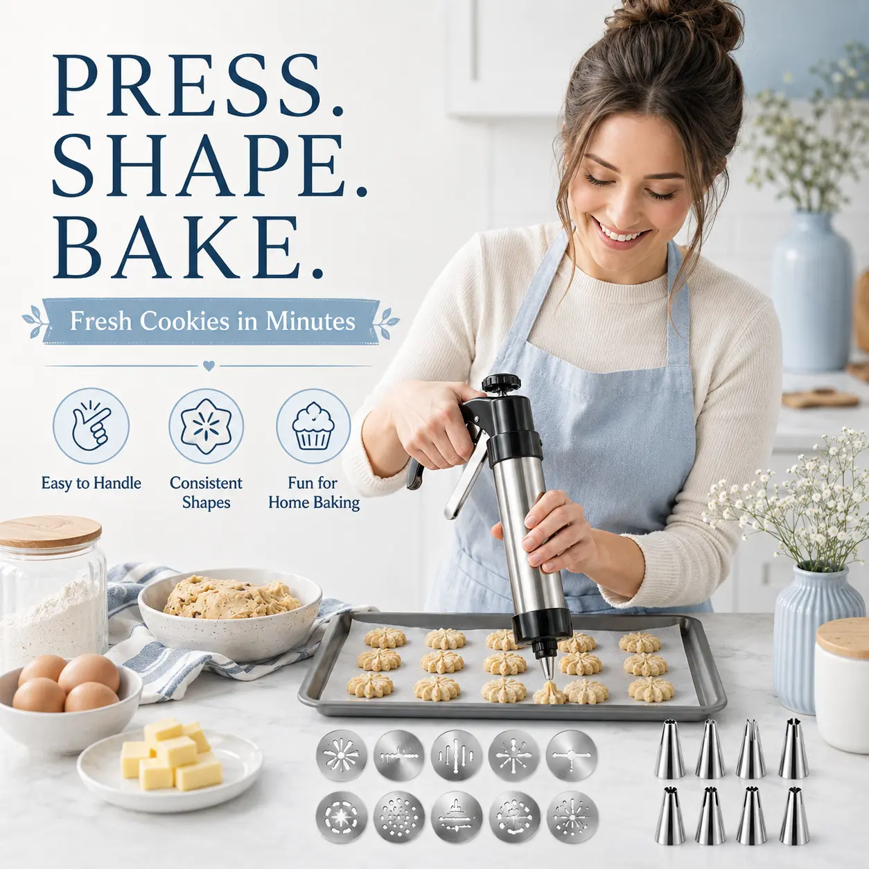 Cookie Press Gift Set for Bakers – 21-Piece Stainless Steel Cookie Maker with 13 Discs & 8 Decorating Tips for Holiday Baking