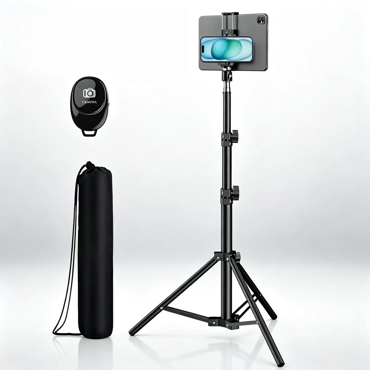 170cm/67" Adjustable 360° Rotatable ABS+Aluminum Floor Mount Tripod Stand Holder Bracket Kit with Remote & Bag, Clamp Fit for 5-11" Tablets, Cellphones, Mobiles, Samsung Devices, Ideal for Mobile Users