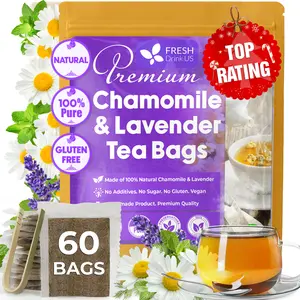 【FreshDrinkUS】 60 Chamomile Lavender Tea Bags, 100% Natural Ingredients, Hand-made Blend of Chamomile and Lavender Flowers, Eco-conscious Tea Bags. Chamomile Lavender Herbal Tea. No Sugar, No Caffeine, No Gluten, Vegan. Beverage