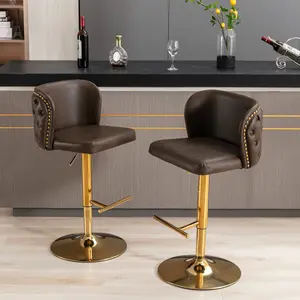 2 Piece Swivel Bar Chairs, PU Upholstered Counter Stools with Gold Nailheads and Base, Adjustable Height 25" to 33" Barstools, Swivel Bar Stool Chair for Dining Room,Home Bar (Brown)
