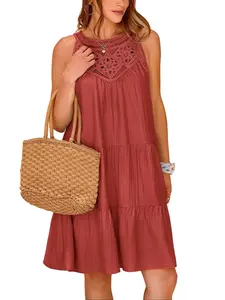 BTFBM Women's Hollow Out Halter A-Line Swing Mini Dress for Summer Beach Vacation Womenswear