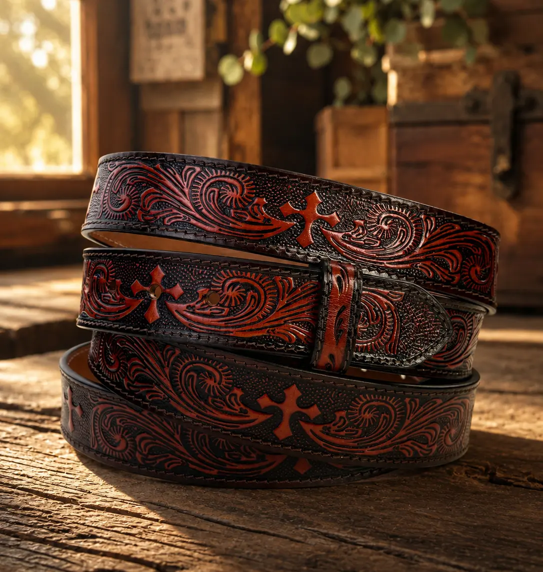 Western Cross Leather Belt Strap Full Grain Leather Heavy duty belt for removable buckle Rodeo Cowboy Belt