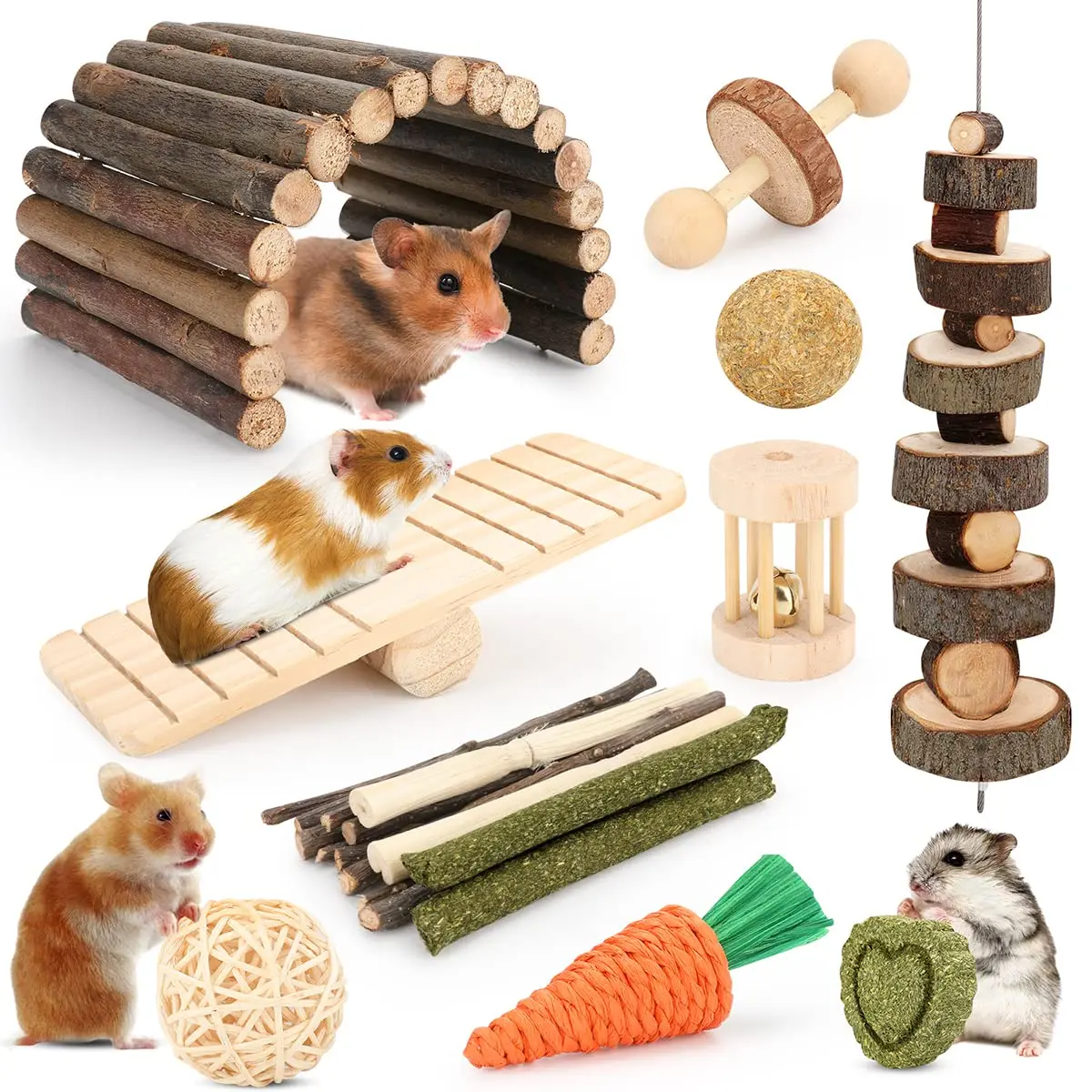 12-in-1 Natural Wood Small Pet Cage Accessory Variety Pack - Rabbit, Hamster Supplies with Bamboo Chew Sticks, Hideout, Seesaw, Timothy Hay Treats for Teeth Health Support