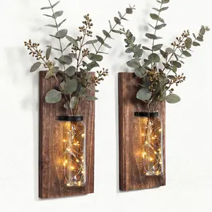 2-Pack Brown Wood Glass Wall Sconce Hanging Plant Holders - Farmhouse Indoor Plant Holders, Rustic Home Decor for Living Room, Hanging Plant Holder