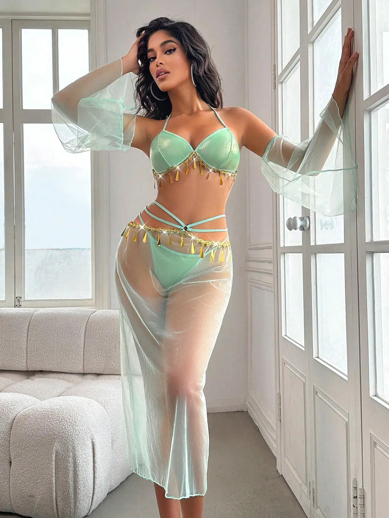 Green Princess Jasmine Costume Lingerie, Metallic Top with Sheer Skirt & Sleeves,nap dress,bra and sheer blouse,bras,clothes haul,curvy,altgirl,rave outfit,lenceria sexi mujer  altgirl rave outfit cool girl outfits Womenswear Everyday