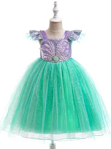 Mermaid Princess Dress, Sparkly Glitter Dresses Sequins Decor Square Neck for Party, Kids Clothes for All Seasons