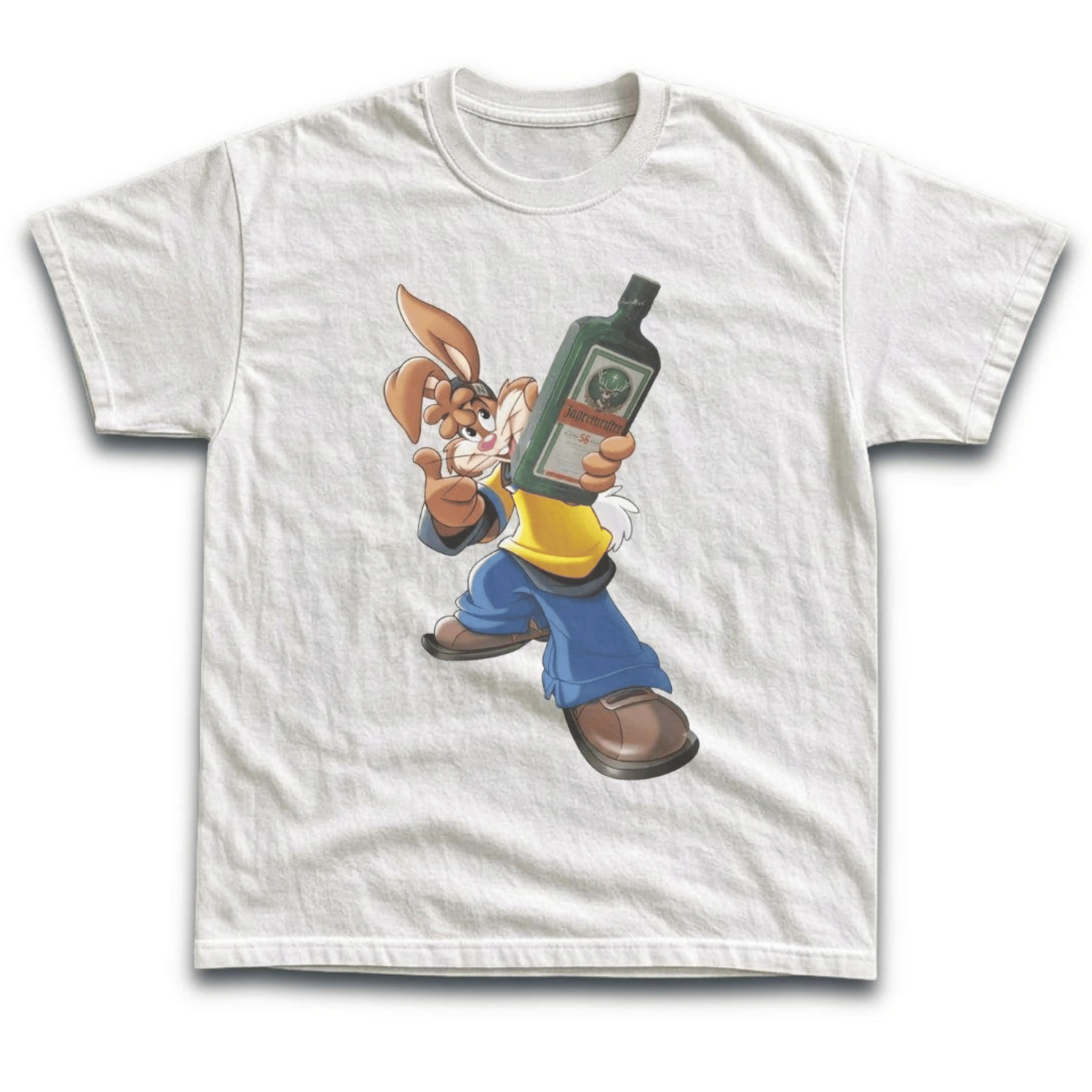 Gildan Men's and Women's T-Shirt, Vintage Cartoon Bunny Jagermeister Liquor Bottle Graphic Tee, Animal Tee, Cute Rabbit Alcohol Drink Shirt, Retro White Summer Top, Harajuku Bootleg Streetwear, Funny Party Humorous Joke Gift