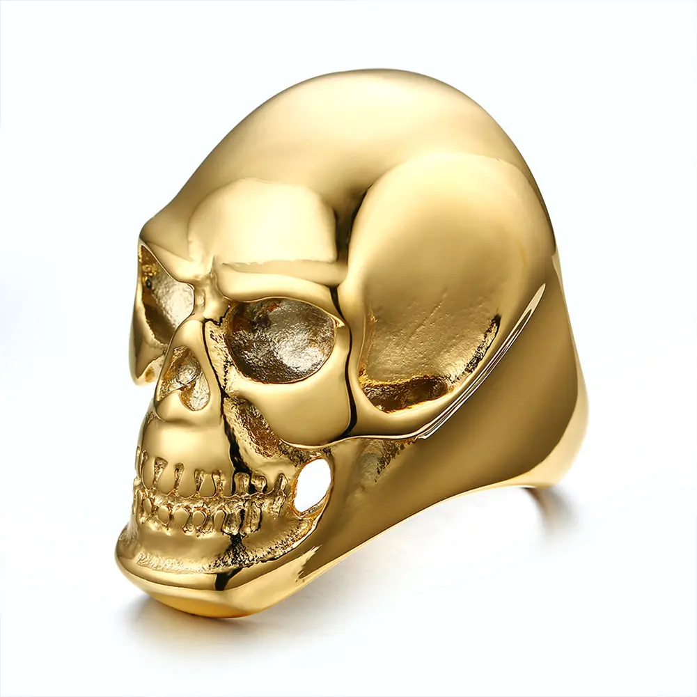 OIDEA Men's Gold-Tone Punk Skull Head Anti-Rust Steel Wide Biker Statement Ring, Stainless Steel Band, Anti-Rust Steel Rings