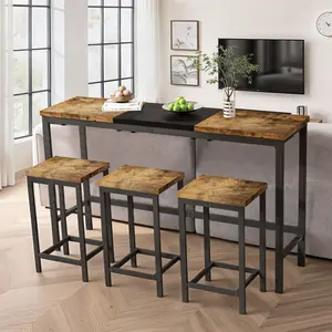 4 Pieces Dining Table Set, Modern Counter Height Kitchen Dining Table Set for 3, Pub Table, Long Dining Table Set with 3 Stools, Convenient Hanging Stool Design