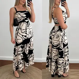 ChicMe Women's Floral Print Hollow-out Flowy A Line Maxi Dress Square Neck Backless Dress With Adjustable Straps