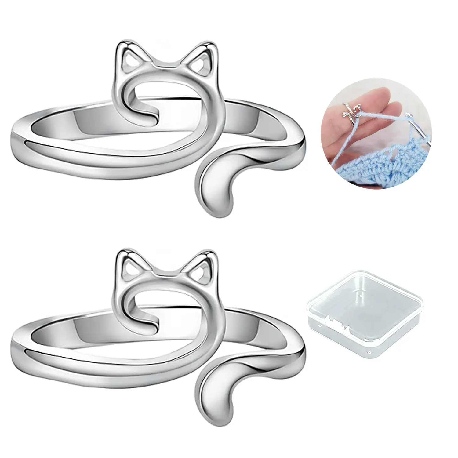 Cute Animal Motif Crochet Finger Ring Yarn Guide - 2-Count Knitting Loop Accessory with Box, Comfortable Adjustments Crocheting Supplies for Smooth Crafting, Two Pieces