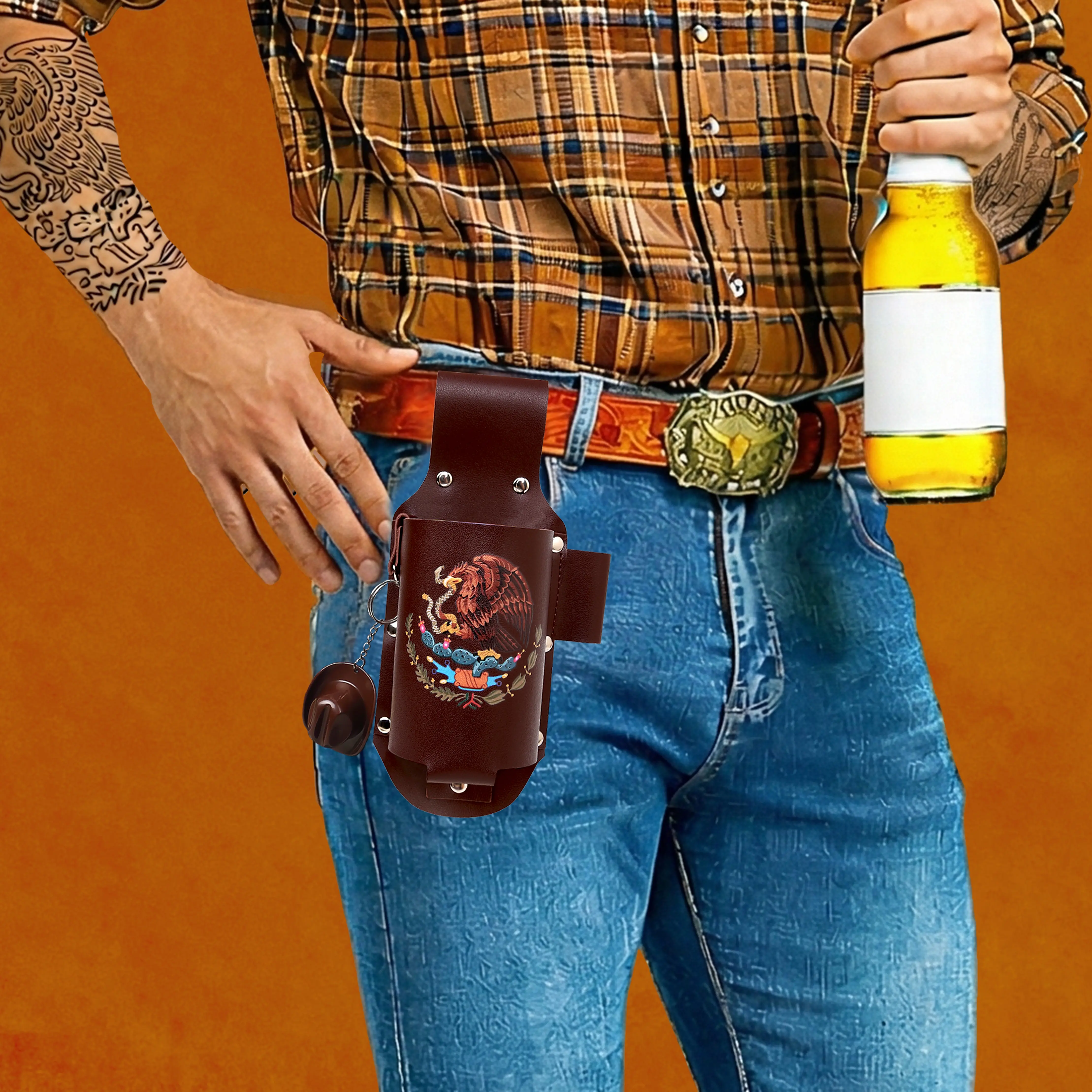 Thick Traditional Mexican Drink Holster Belt Set, Brown Beverage Holders, Groomsmen-Father's Day Gift for Men, Ideal for Rodeo-Independence Day Events