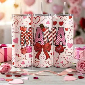 Mama Valentine Skinny Tumbler 20oz, Insulated Stainless Steel Travel Cup, Pink Hearts & Bow Design, Cute Love Mom Gift, Reusable Cold Drink Cup, Valentine’s Day Gift for Mom, Mommy, Mama