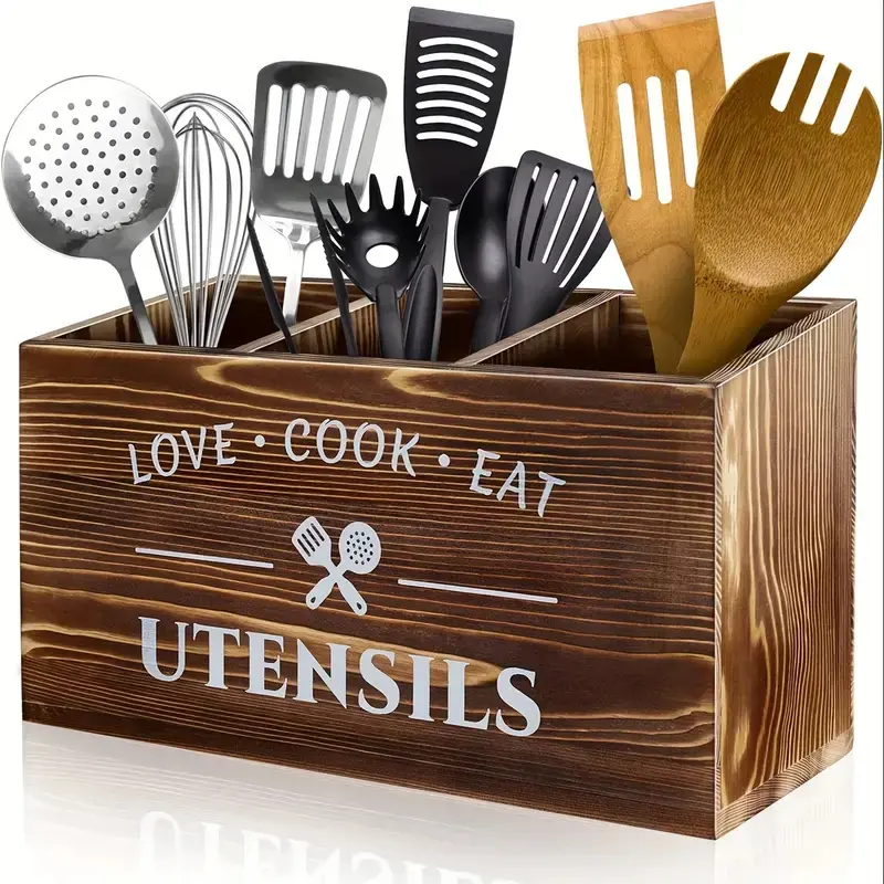 1pc desktop tableware storage box, country-style wooden tableware storage, with 3 compartments, suitable for kitchen counter tableware storage, silverware forks, spoons and spatulas, suitable for kitchen, bedroom and desk storage