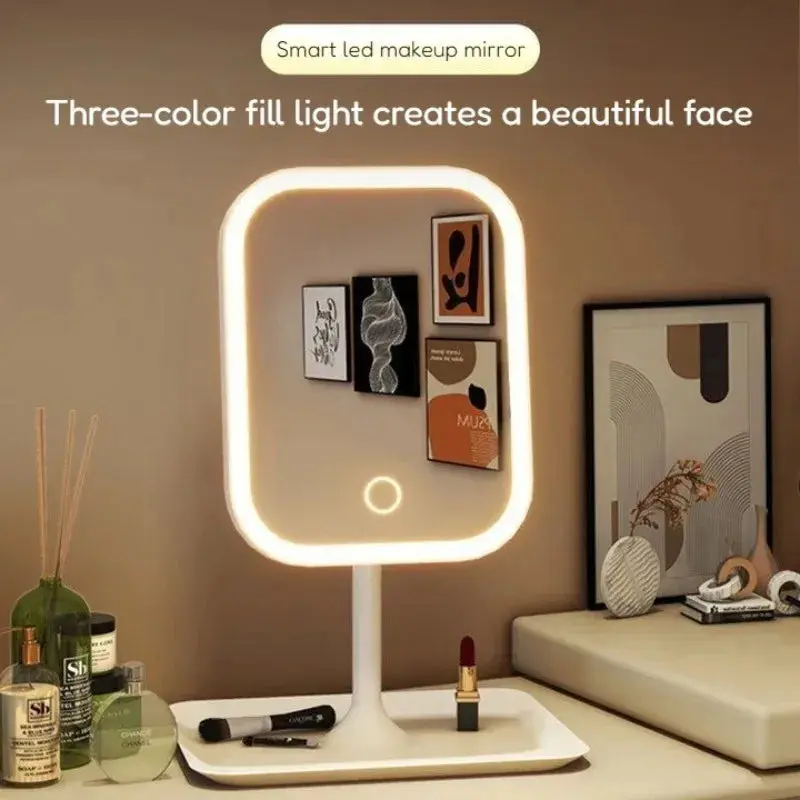 Built-in LED Lighting HD Glass Illuminated Face Tabletop Mirror, 3-Color Dimmable LED 3-Way Mirror for Student Dorm & Travel, Portable Flawless Makeup Home Decor Gift, Beauty Gift
