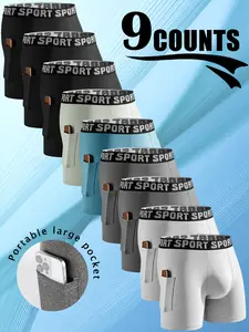 9 pcs long men's solid color underwear, Breathable underwear briefs, Soft, comfortable, lightweight, Suitable for Four Seasons sports, quick drying breathable elastic waistband sports pants, daily casual wear, flat underwear with pockets