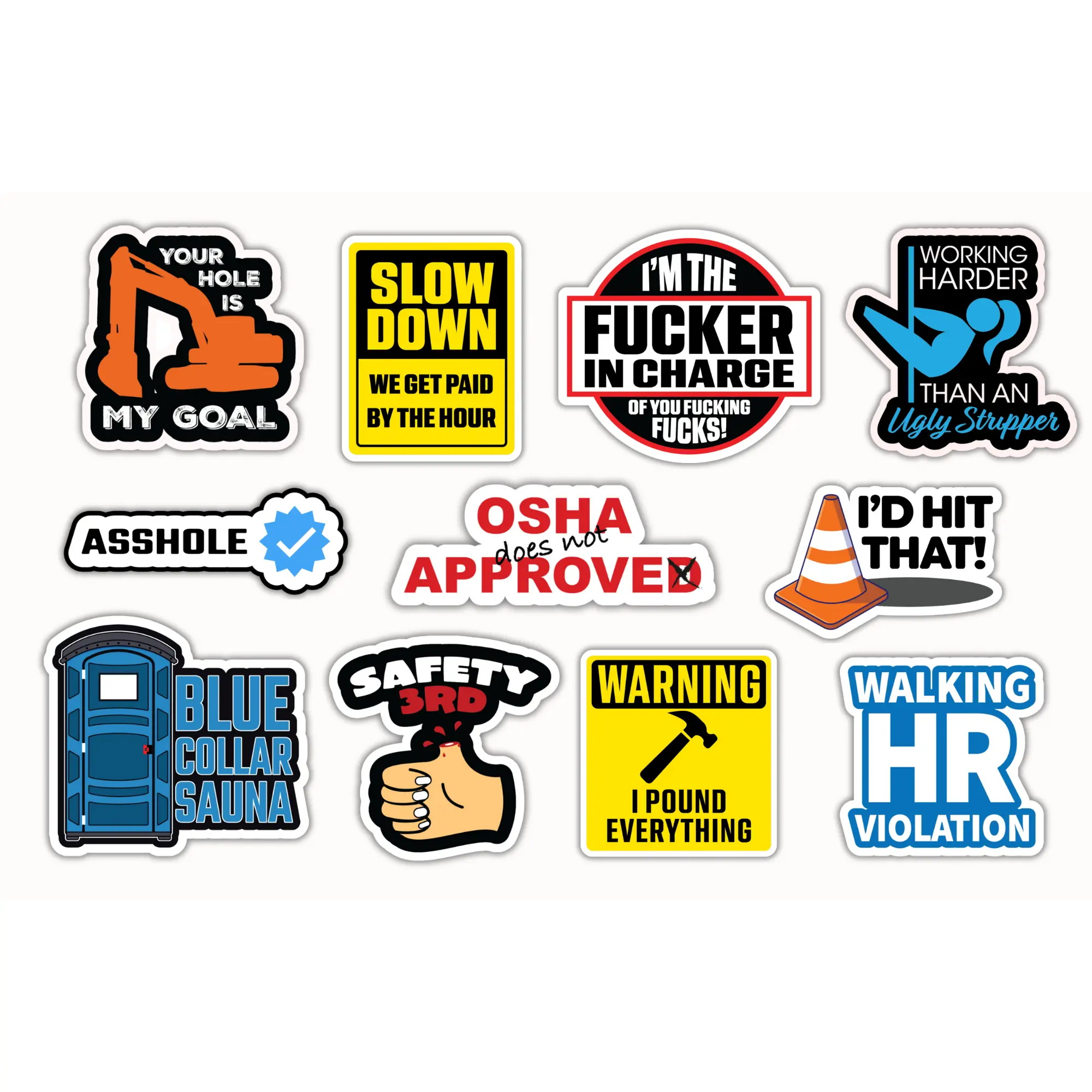 Sticker Pack - 11  2.5inch Funny Blue Collar, Construction, Sarcasm Sticker Pack Gifts for Men